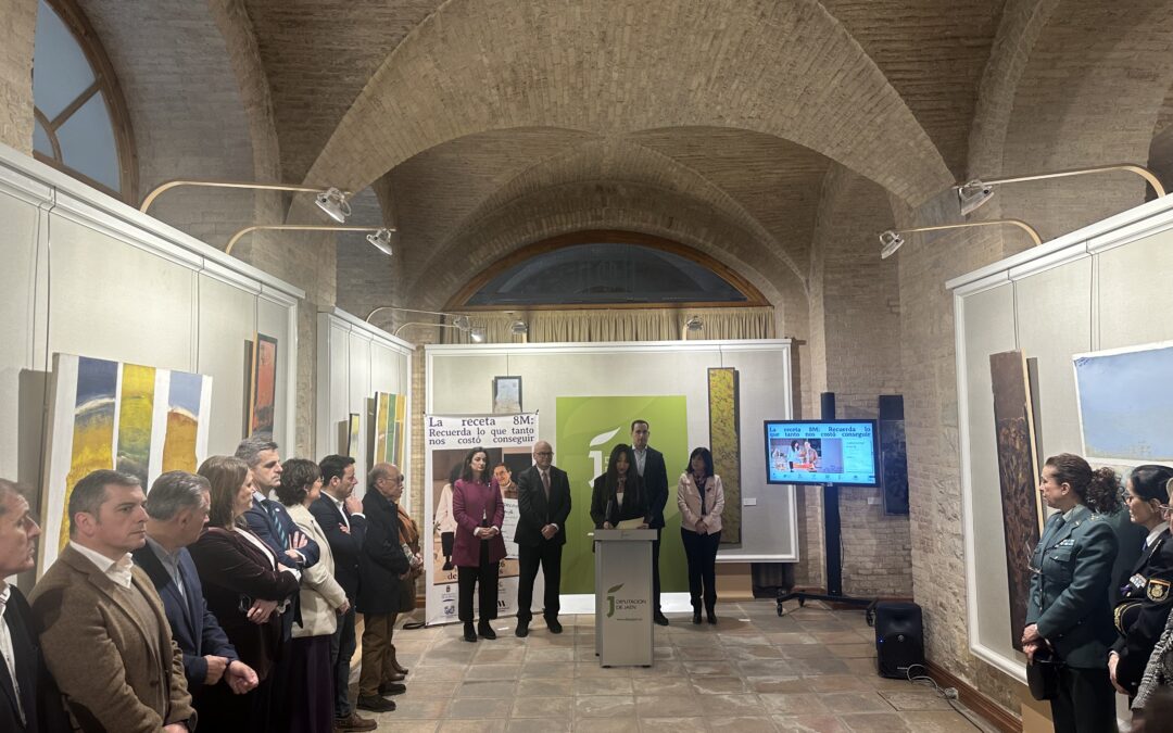 Presentación de las campañas de igualdad del 8M de la Diputación de Jaén en un aula con bóveda de ladrillo. Una persona habla desde un podio con el logo de la Diputación frente a un grupo de asistentes que observan atentamente.