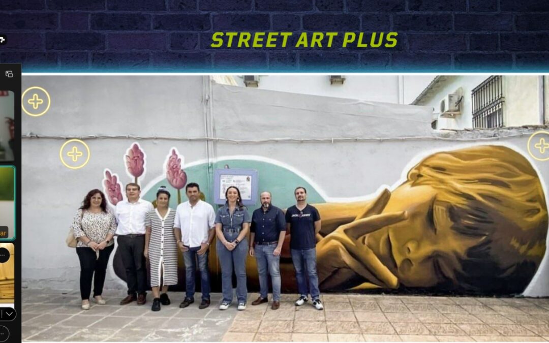 Captura de pantalla de una videollamada del Encuentro Provincial de Juventud, mostrando la presentación del proyecto Street Art Plus con un grupo de personas posando frente a un mural urbano de un niño durmiendo.