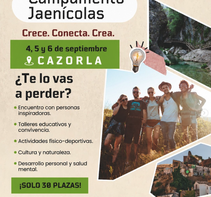 Cartel promocional del Campamento Jaenícolas en Cazorla del 4 al 6 de septiembre, con fotos de senderismo en la naturaleza, jóvenes al aire libre y vistas del pueblo.