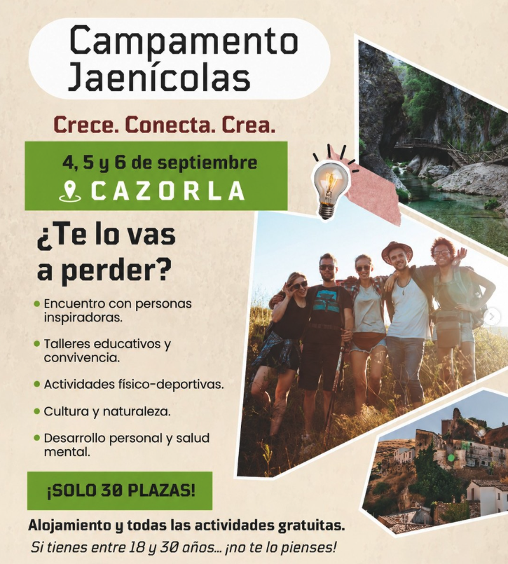 Cartel promocional del Campamento Jaenícolas en Cazorla del 4 al 6 de septiembre, con fotos de senderismo en la naturaleza, jóvenes al aire libre y vistas del pueblo.