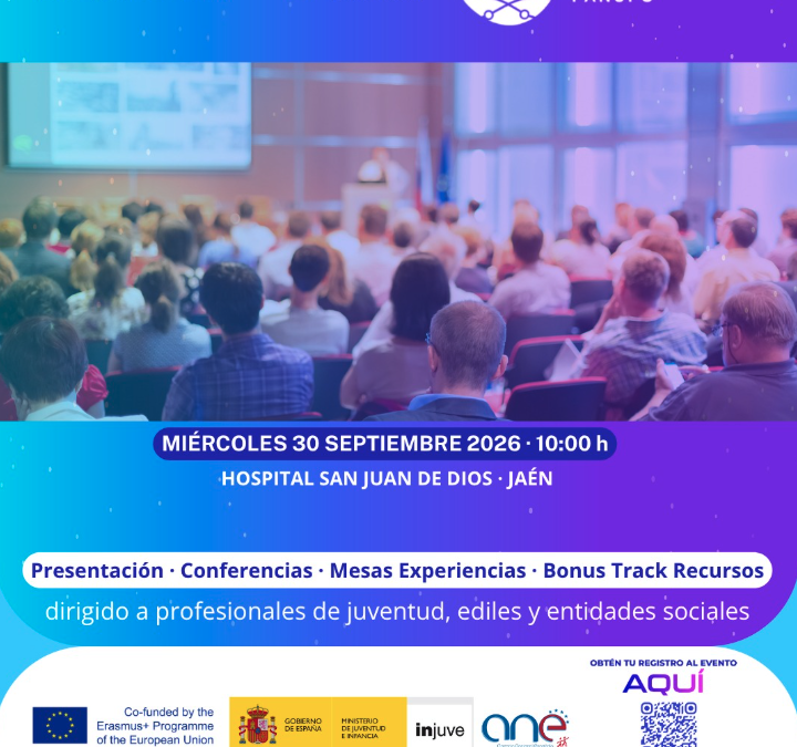 Texto alternativo (Alt Text): Cartel del evento Kick-off de la Academia de Participación PANUPO en el Hospital San Juan de Dios de Jaén, con una vista de la sala de conferencias con público y logotipos institucionales.