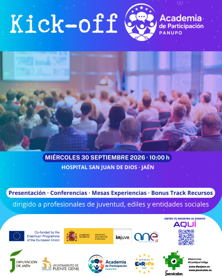 Texto alternativo (Alt Text): Cartel del evento Kick-off de la Academia de Participación PANUPO en el Hospital San Juan de Dios de Jaén, con una vista de la sala de conferencias con público y logotipos institucionales.