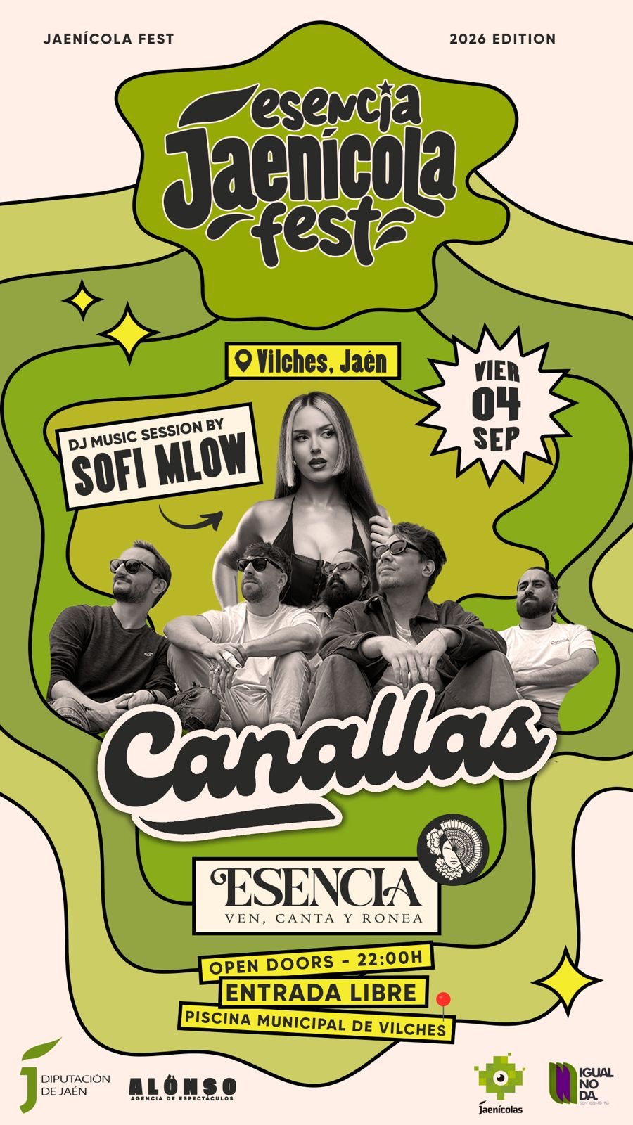 Cartel del festival Esencia Jaenícola Fest 2026 en Vilches, Jaén, con actuaciones del grupo Canallas y sesión de DJ Sofi Mlow.